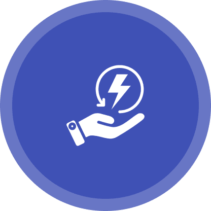 Icon of a hand holding an arrowed circle with a lightning bolt inside, on a blue circular background.