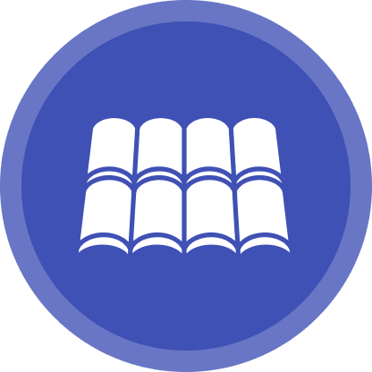 Icon of three white books on a blue circular background.