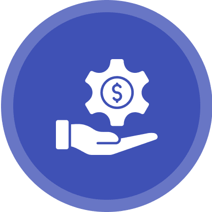 Icon of a hand holding a gear with a dollar sign inside, enclosed in a blue circle.