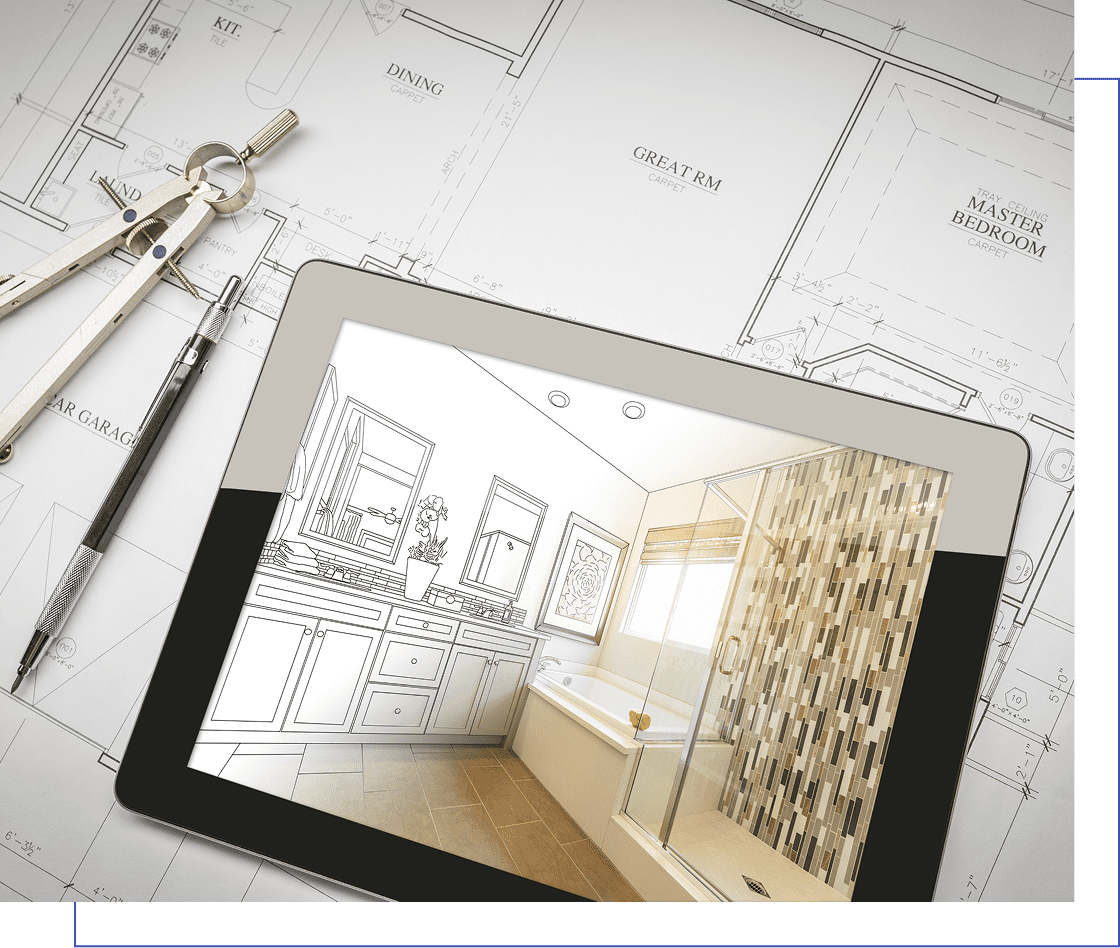 Tablet showing a digital interior design of a bathroom overlaid on architectural blueprints.