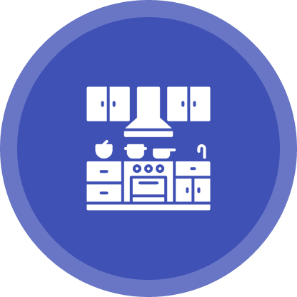 Icon of a kitchen with cupboards, stove, pots, a fruit bowl, and a sink on a purple circular background.