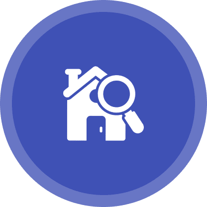 Icon with a white house and magnifying glass on a blue circular background, representing home inspection or search.