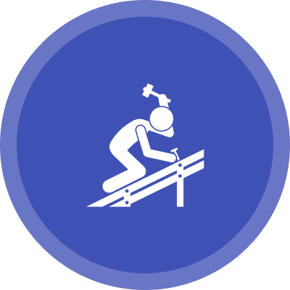 Icon of a person hitting their head with a hammer on a roof, while attempting to drive a nail. White figure on a blue circle background.