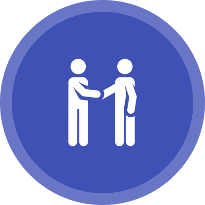 Two stick figures shaking hands, enclosed in a blue circular icon with a darker blue border.